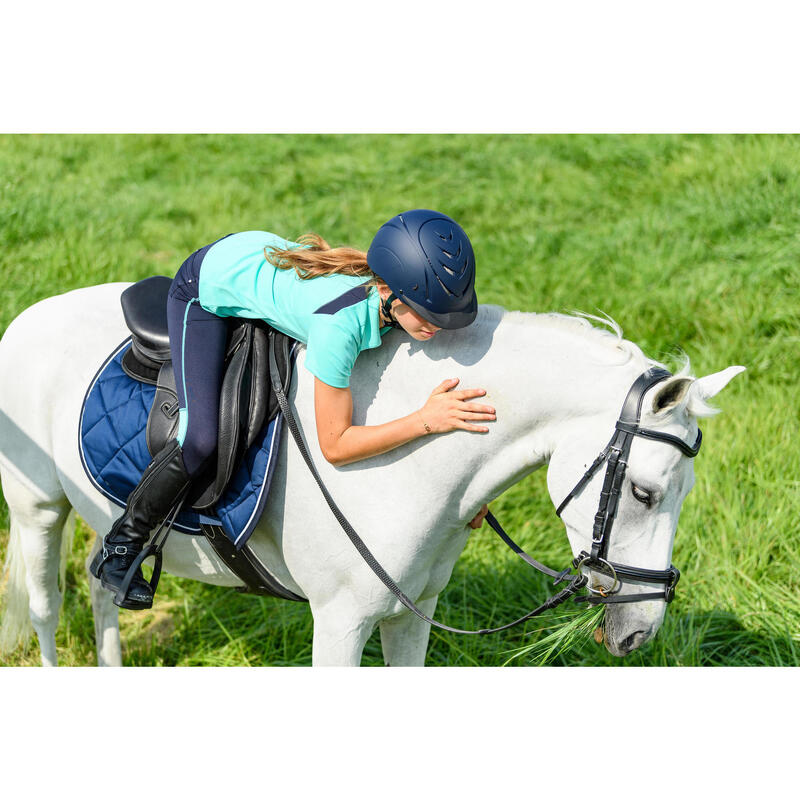 Licht poloshirt voor paardrijden kinderen 500 korte mouwen mesh turquoise