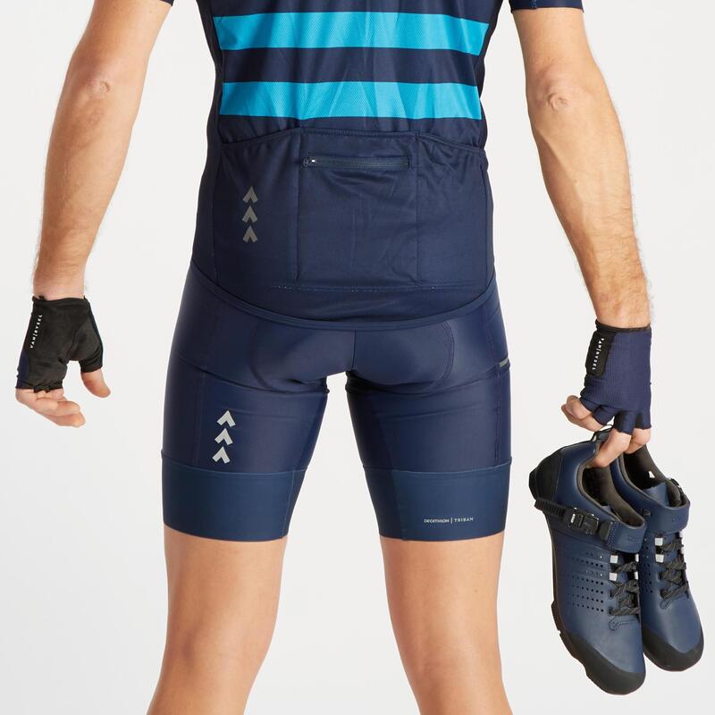 Radhose kurz mit Trägern Rennrad Herren RC 500 navyblau mit Tasche