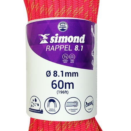 Подвійна мотузка RAPPEL для скелелазіння та альпінізму, 8,1 мм x 60 м - рожева