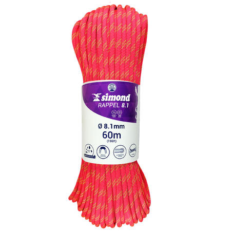 Подвійна мотузка RAPPEL для скелелазіння та альпінізму, 8,1 мм x 60 м - рожева