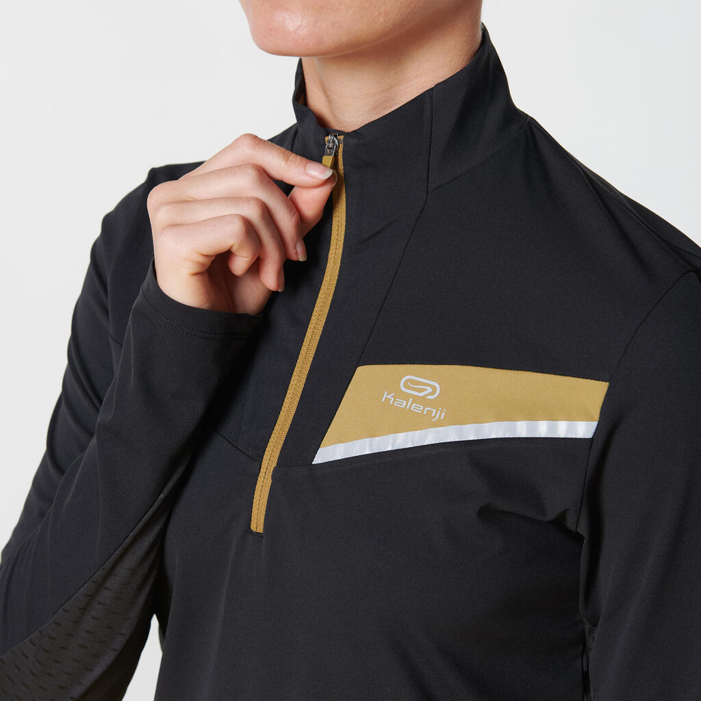 MAILLOT DE TRAIL RUNNING MANCHES LONGUES ZIP FEMME NOIR BRONZE