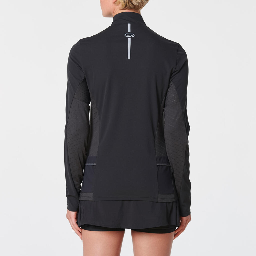 MAILLOT DE TRAIL RUNNING MANCHES LONGUES ZIP FEMME NOIR BRONZE