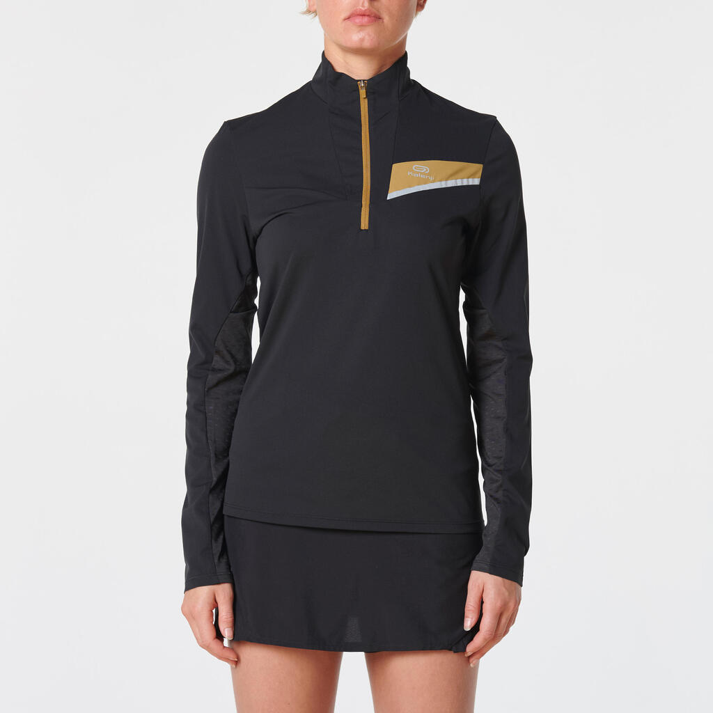 MAILLOT DE TRAIL RUNNING MANCHES LONGUES ZIP FEMME NOIR BRONZE