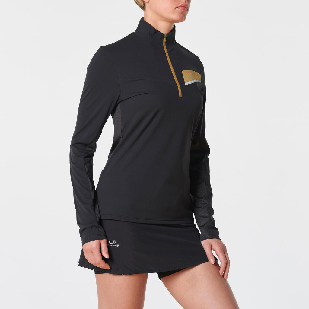 MAILLOT DE TRAIL RUNNING MANCHES LONGUES ZIP FEMME NOIR BRONZE