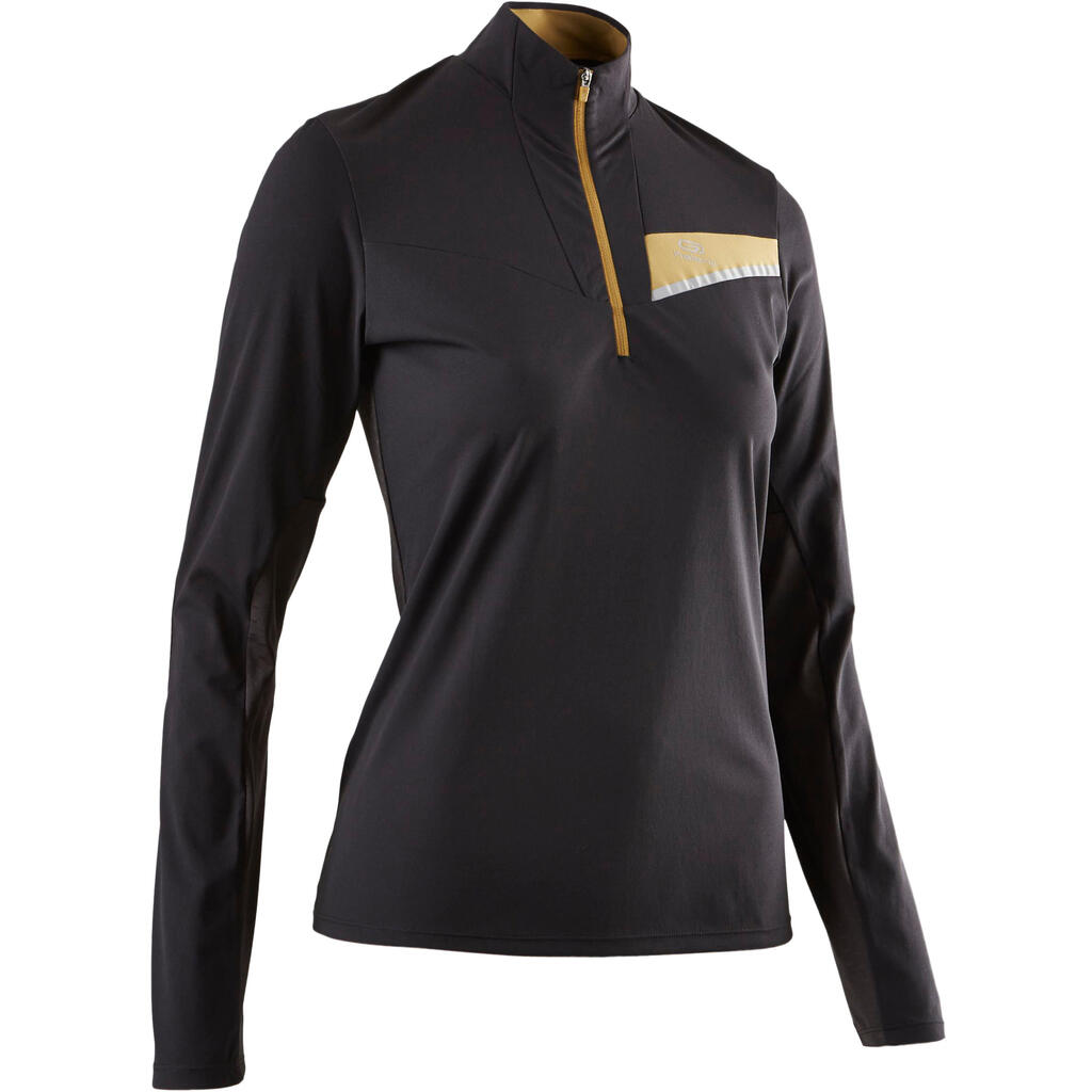 MAILLOT DE TRAIL RUNNING MANCHES LONGUES ZIP FEMME NOIR BRONZE