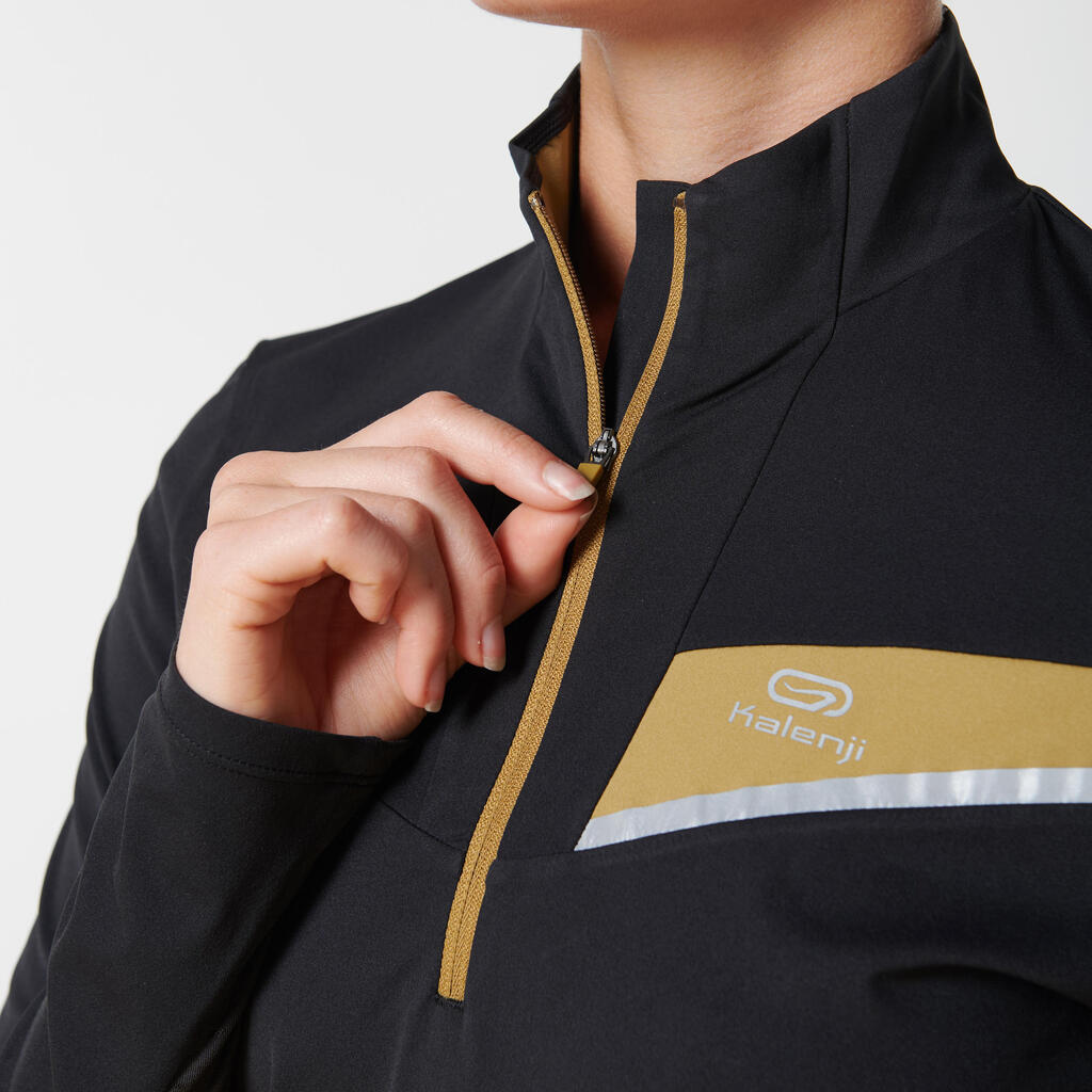 MAILLOT DE TRAIL RUNNING MANCHES LONGUES ZIP FEMME NOIR BRONZE