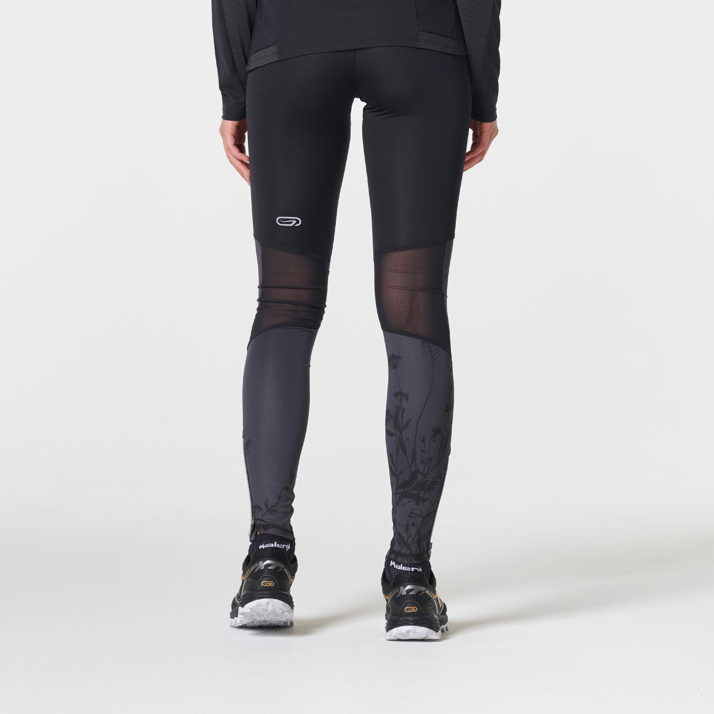 Mallas largas de carrera en montaña para mujer. Negro y gris con flores -  Decathlon