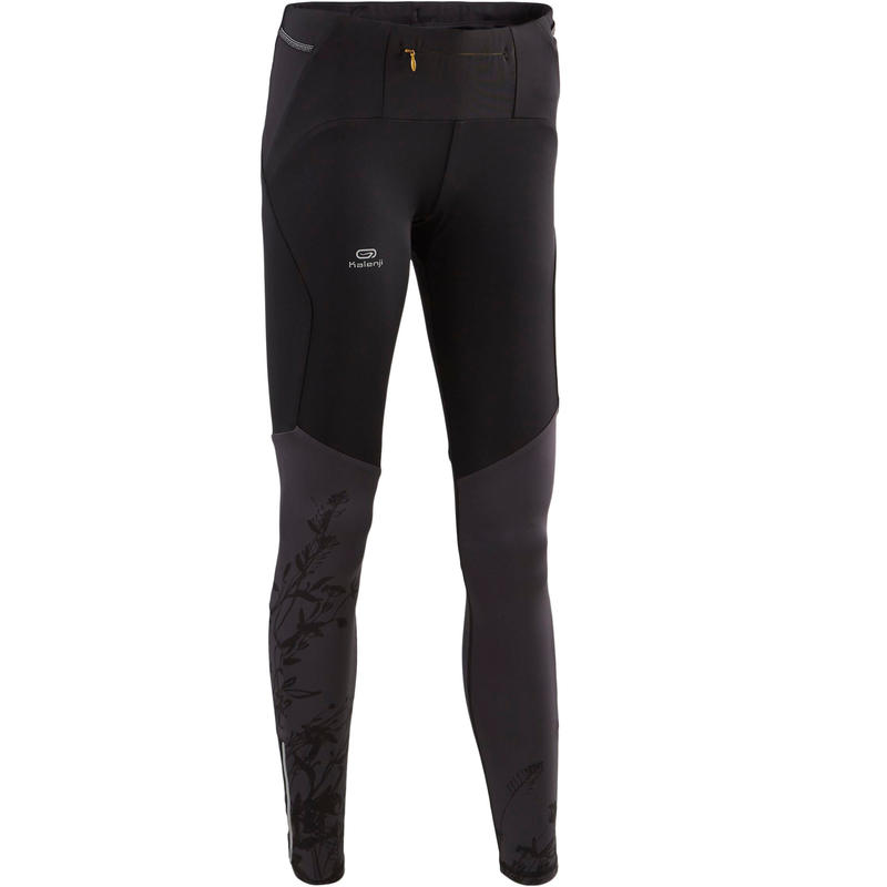 Mallas largas de carrera en montaña para mujer. Negro y gris con flores Mallas largas de carrera en montaña para mujer. Negro y gris con flores