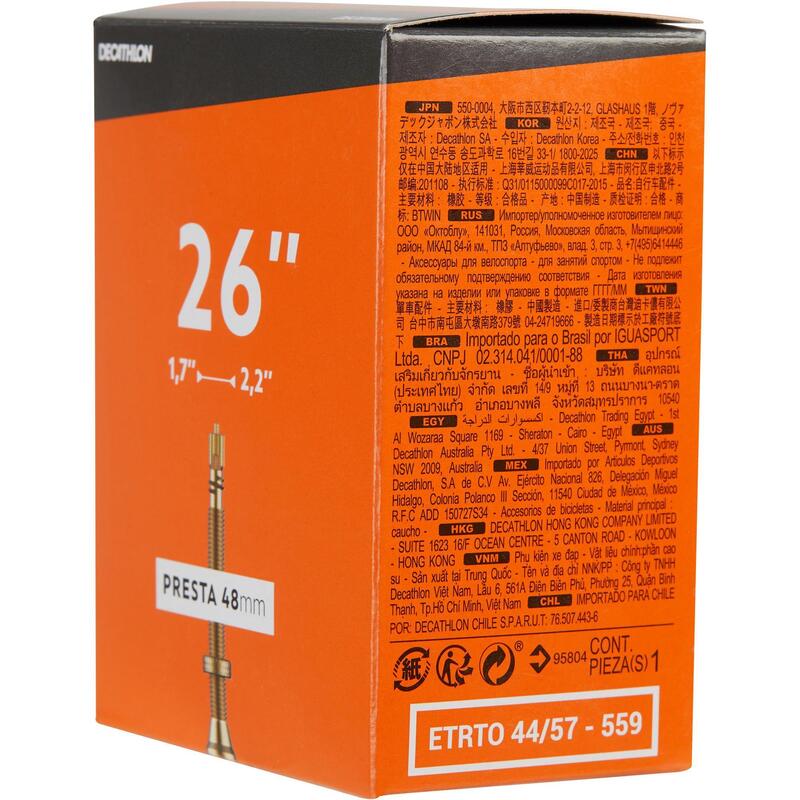 Dętka rowerowa B'twin 26x1,7-2,2 wentyl Presta 48 mm
