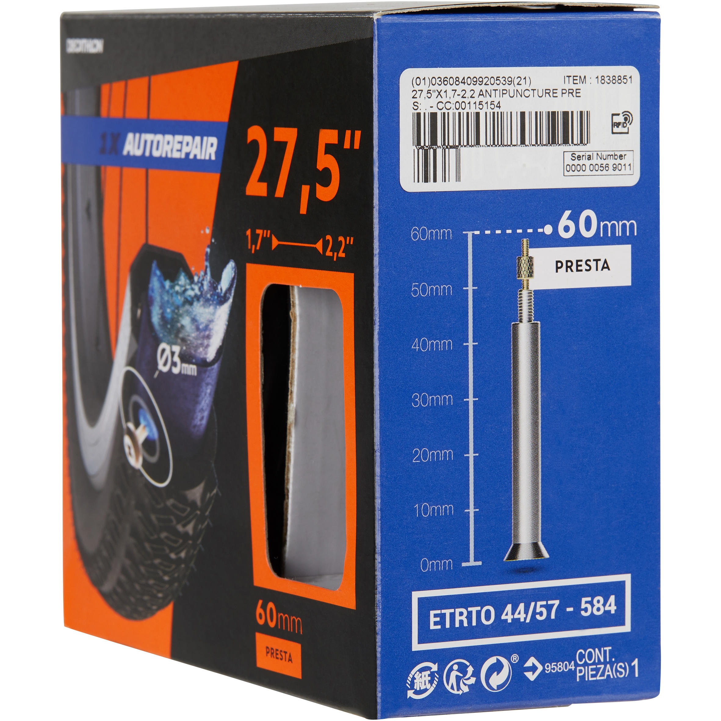 CHAMBRE A AIR 27,5x1,70/2,20 AUTO REPARANTE VALVE PRESTA 60 MM 2/6