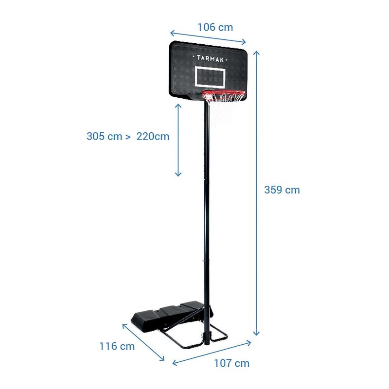 Coș Baschet B100 Negru Copii/Adulți Reglare 2,20 m - 3,05 m.