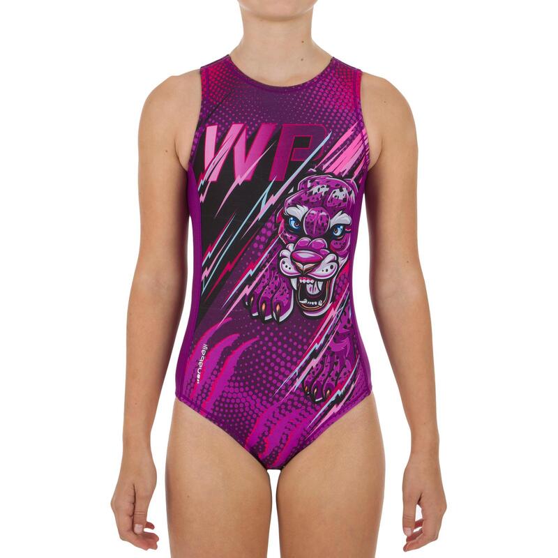 Dívčí jednodílné plavky na vodní pólo 500 Panther fialové