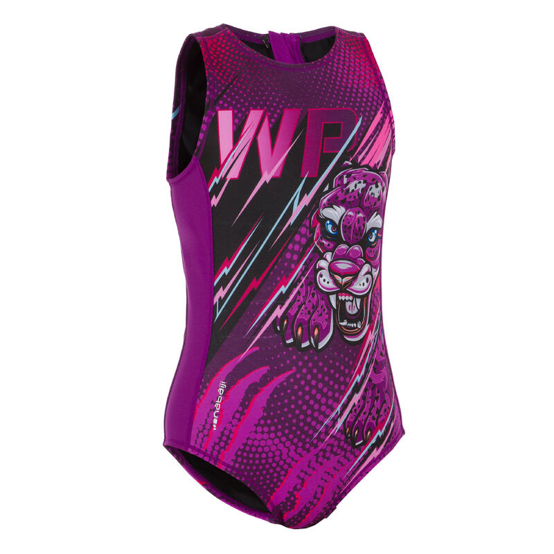 Badeanzug Wasserball 500 Mädchen Panther violett