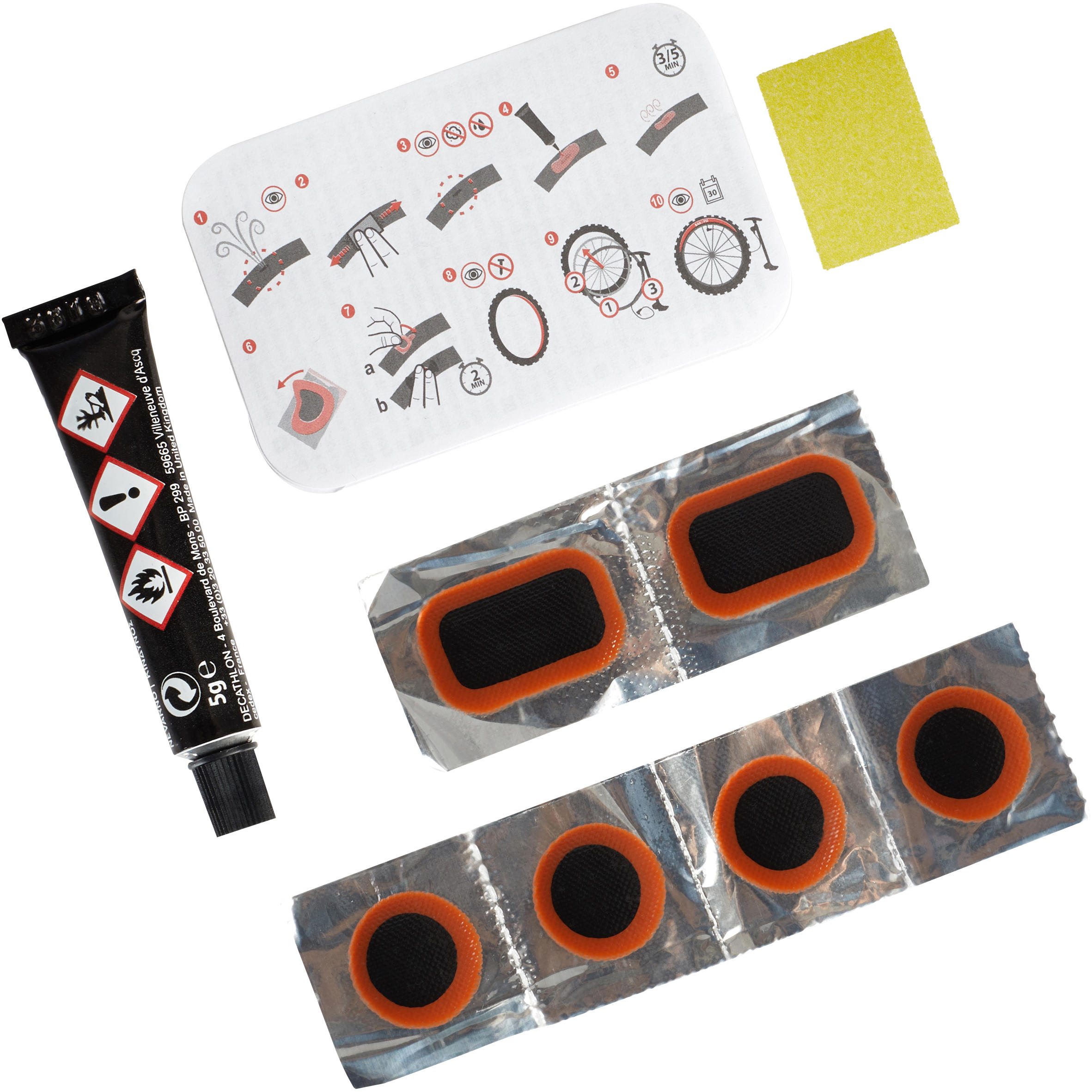 KIT REPARACIÓN PINCHAZOS CÁMARA DE AIRE PARA BICICLETA (6 PARCHES + LIJA +  COLA)