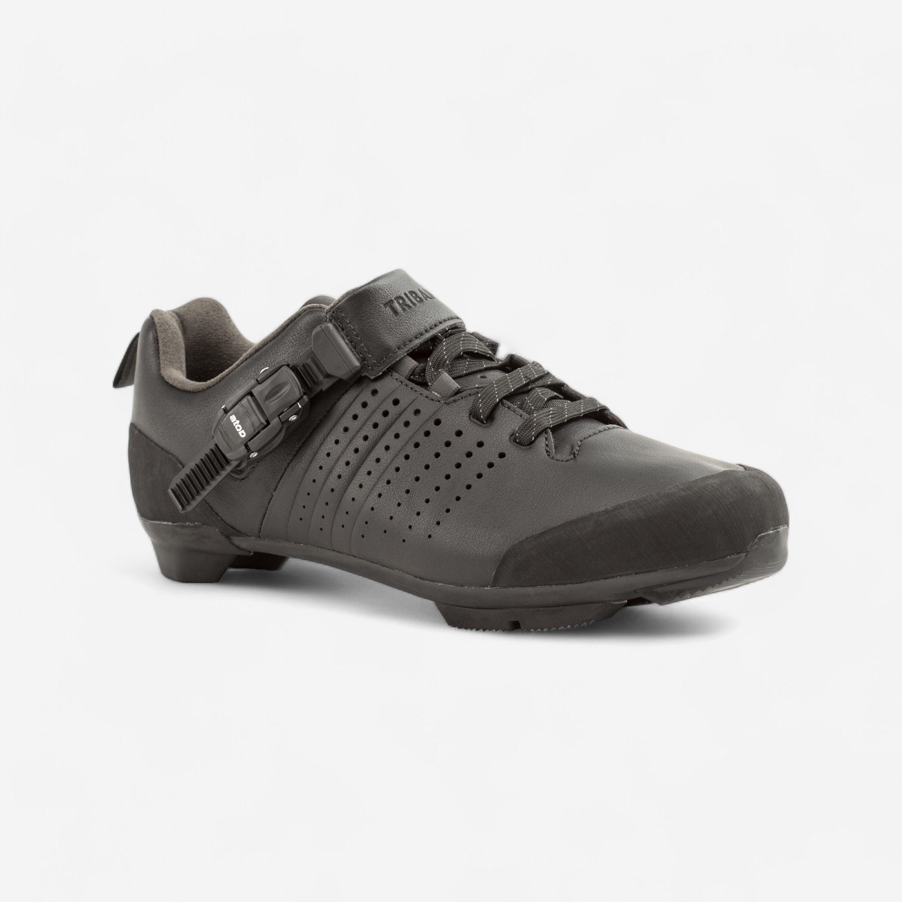 Leather Lace-Up Cycling Shoes - GRVL 520 SPD Black - TRIBAN