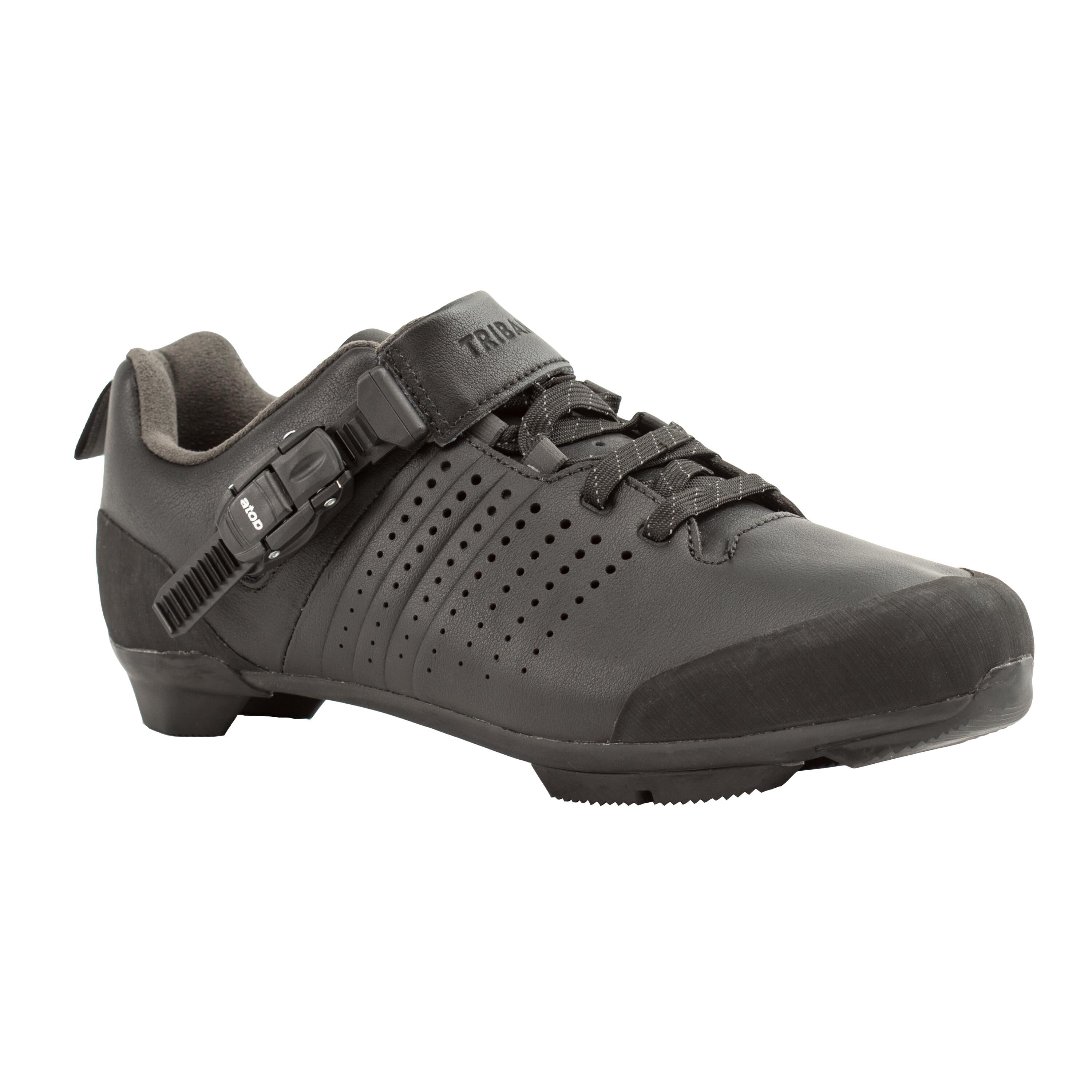 TRIBAN Road and Gravel Cycling Leather Lace-Up SPD Shoes GRVL 520 - Black