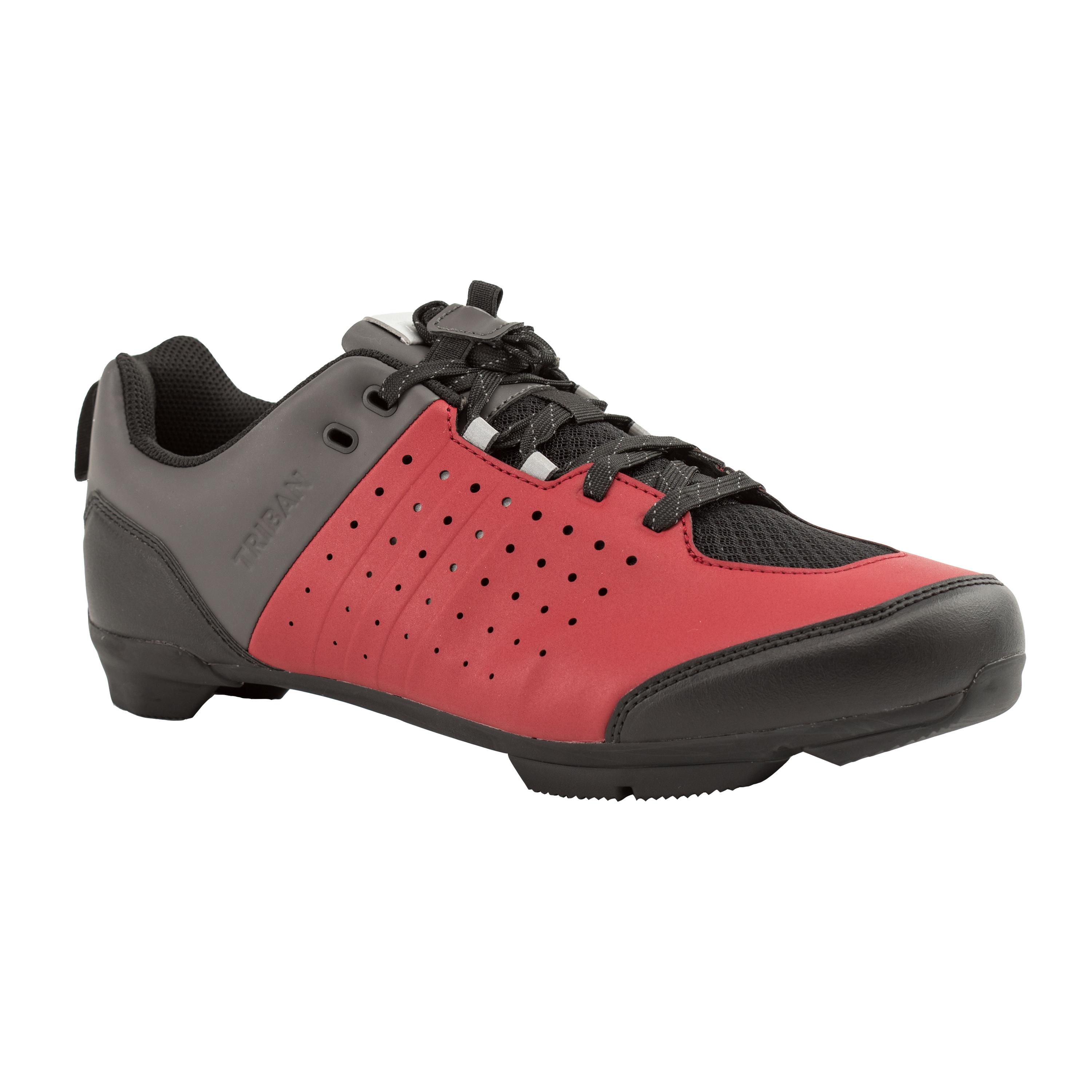 TRIBAN Road and Gravel Cycling Lace-Up SPD Shoes GRVL 500 - Burgundy / Grey