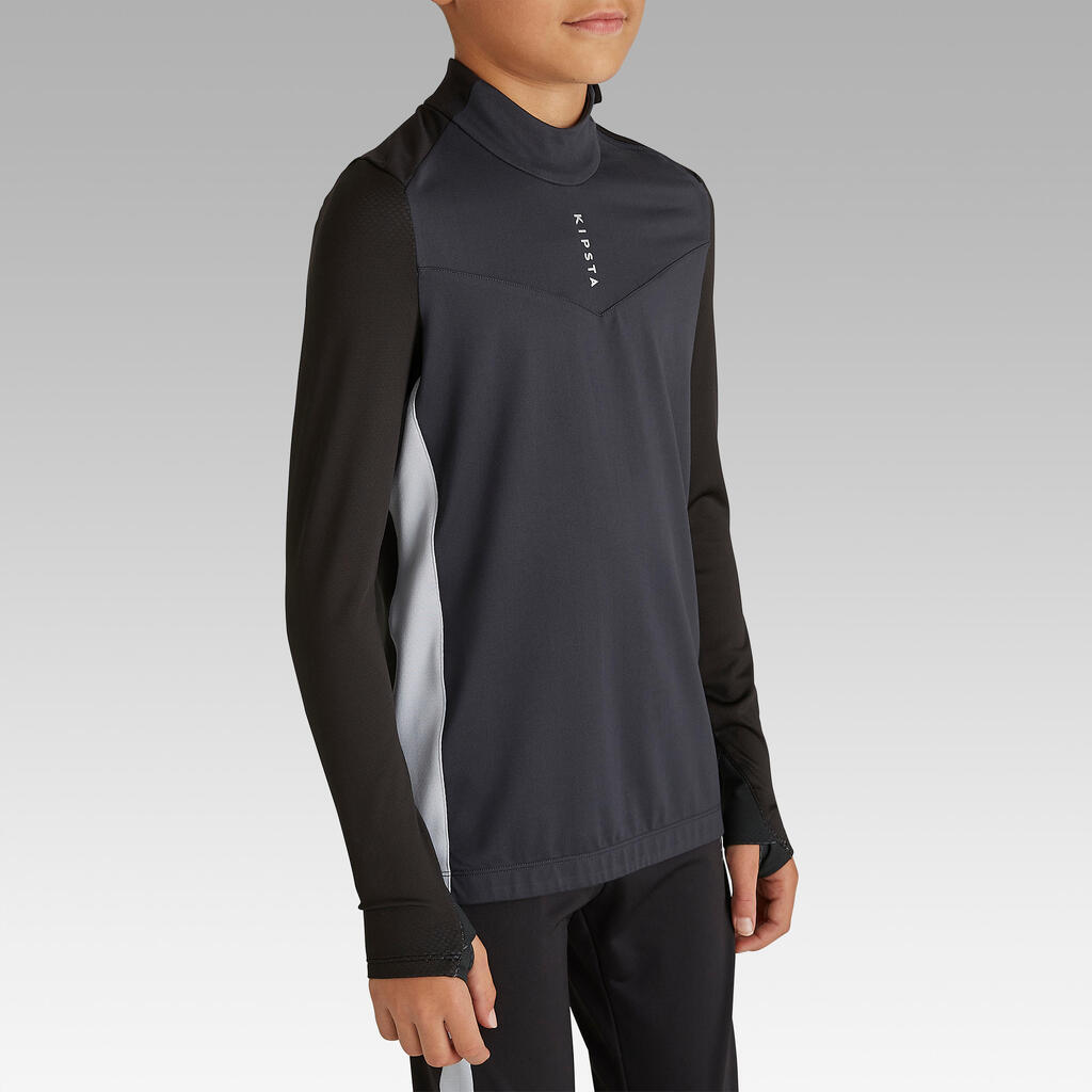 Sweatshirt Fussball T900 1/2 Zip Kinder schwarz/grau