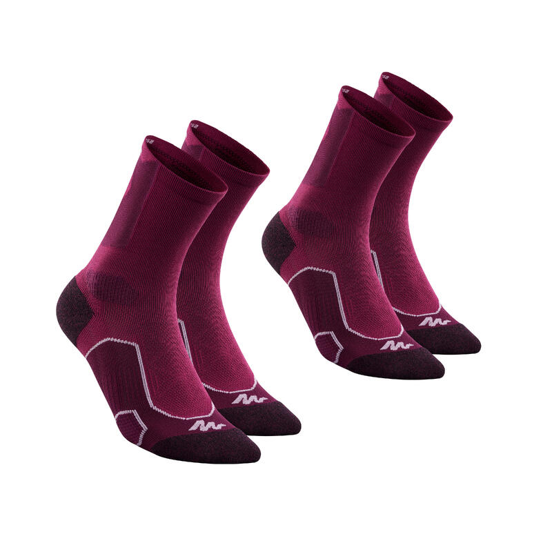 Chaussettes de randonnée montagne tiges high. 2 paires MH 500 violet prune