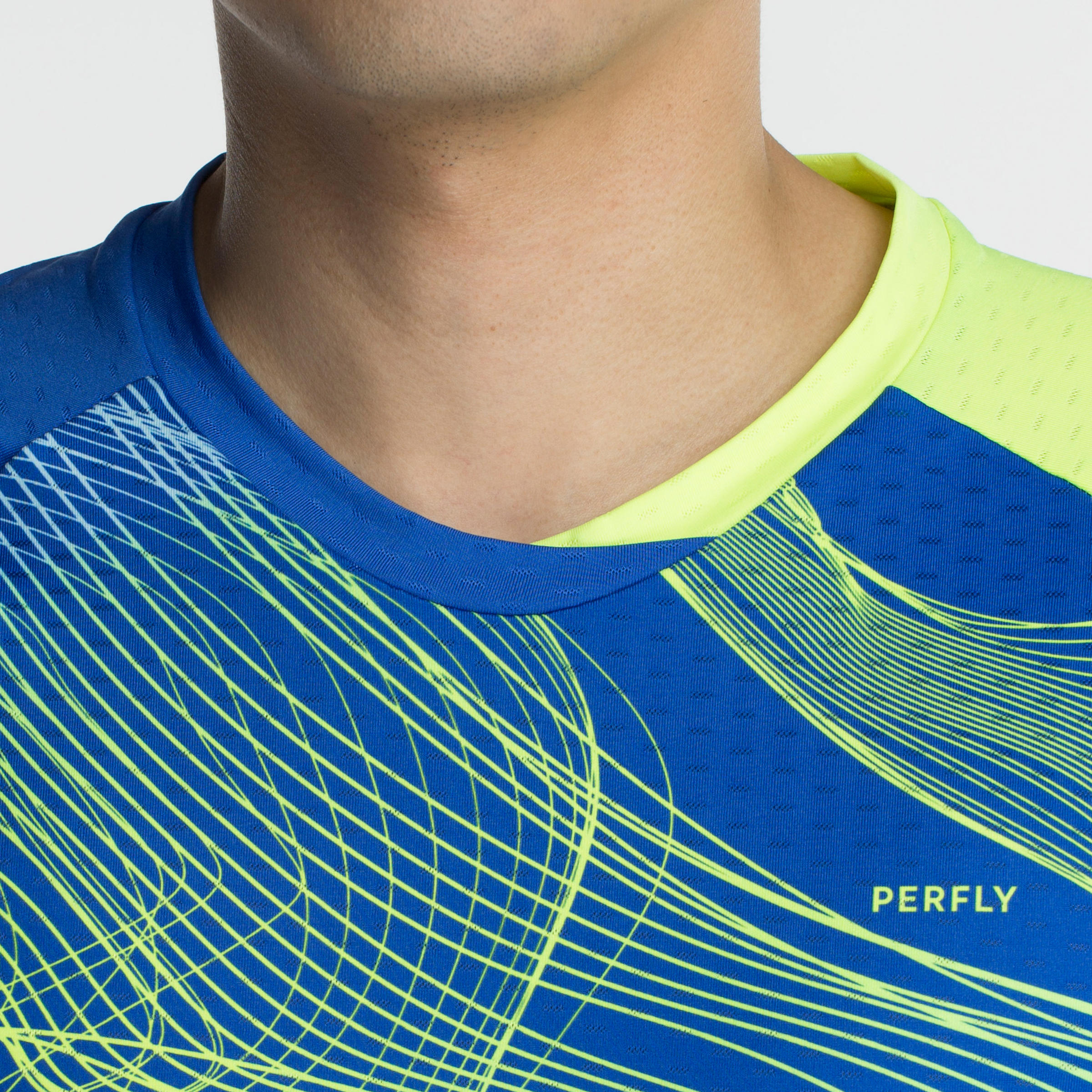 Samarreta de bàdminton màniga curta perfly 560 home blau i groc 7/32