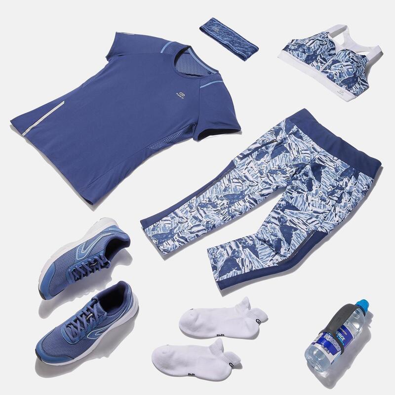 RUN DRY+ WOMEN'S RUNNING CROPPED PANTS MARBLED BLUE KALENJI Decathlon