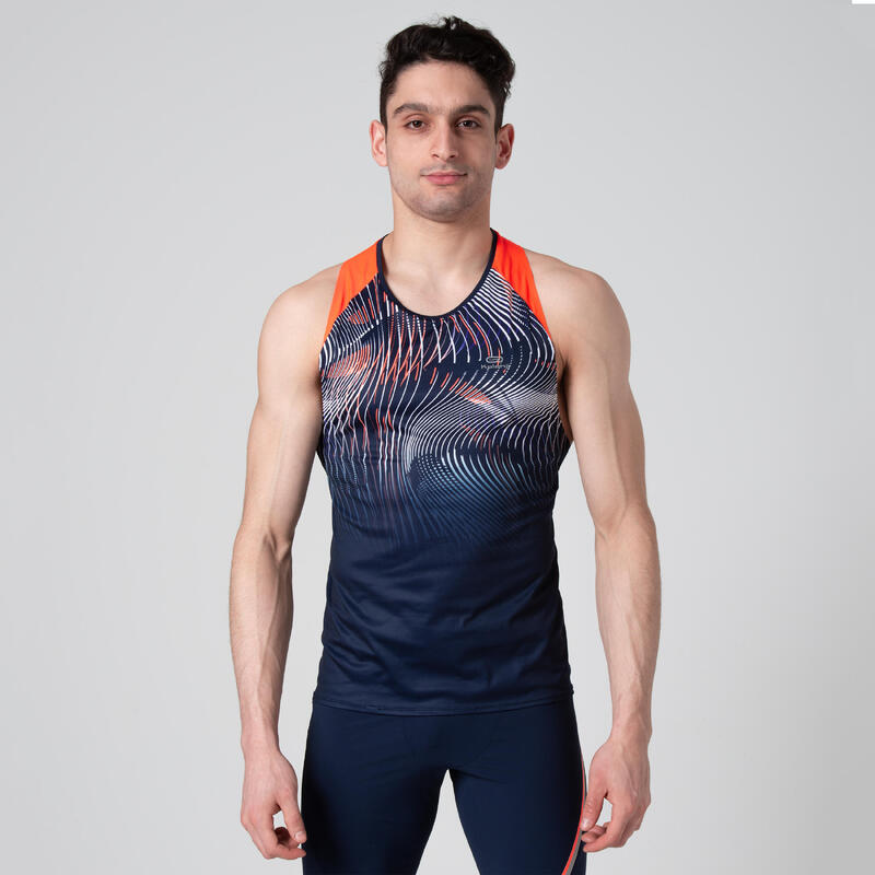 CAMISETA DE ATLETISMO HOMBRE AZUL Y NARANJA