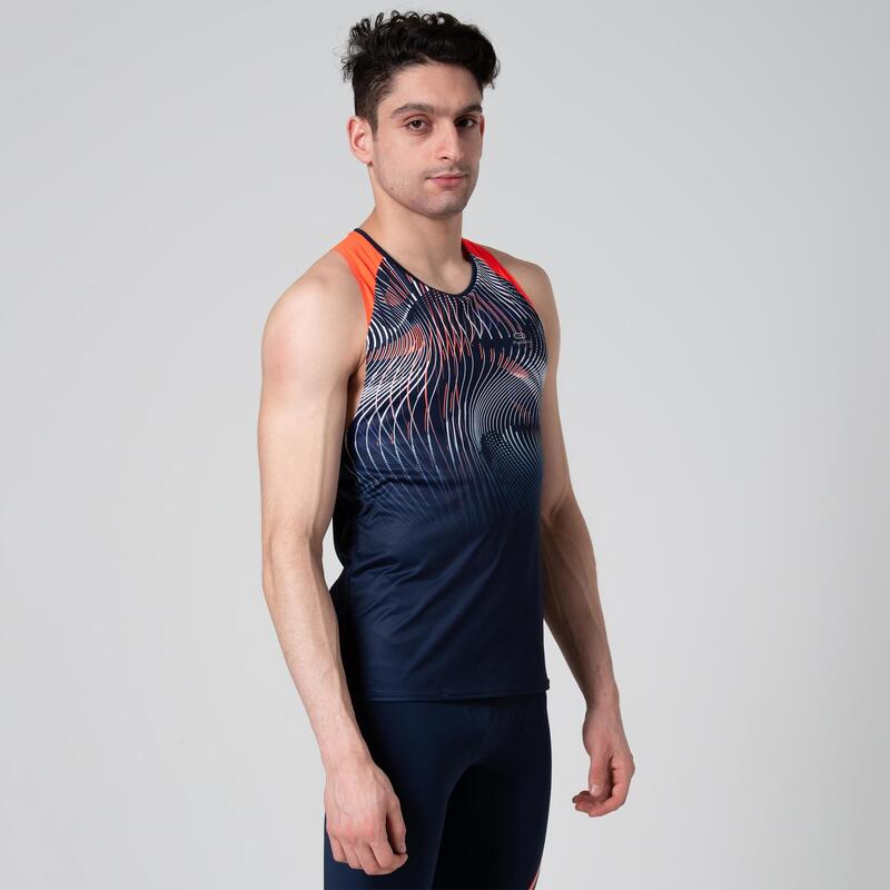 CAMISETA DE ATLETISMO HOMBRE AZUL Y NARANJA