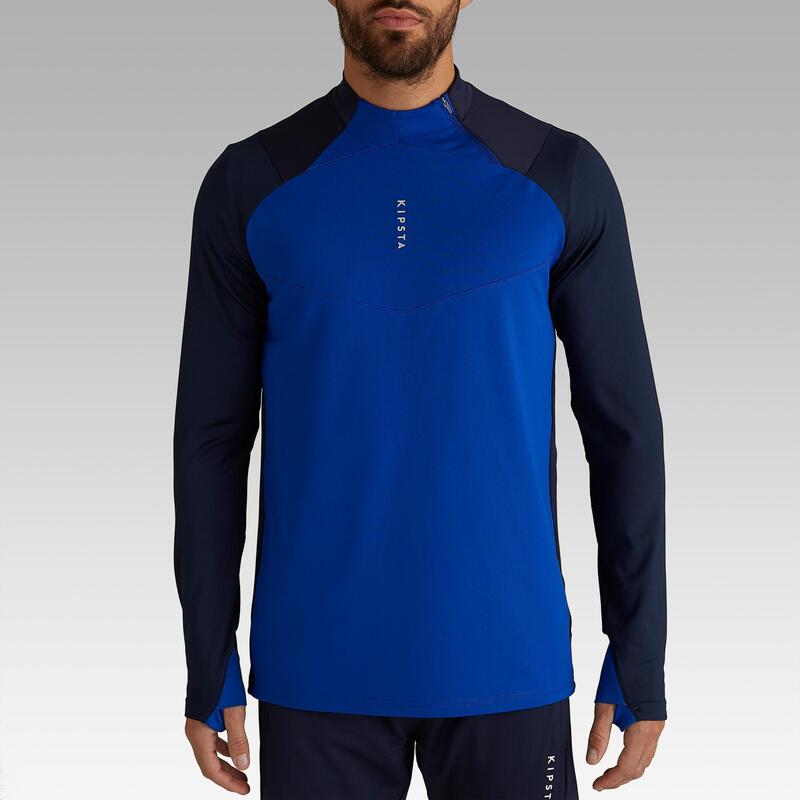 Trainingsshirt Fussball T500 1/2 Zip Erwachsene blau