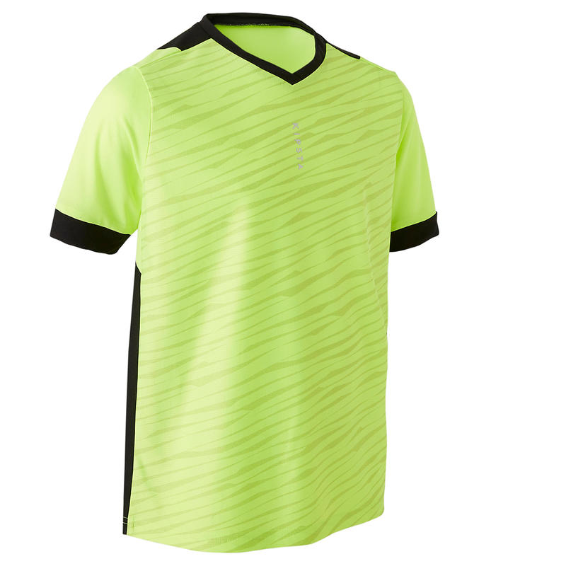 Maillot De Football Enfant Manche Courte F500 Jaune Fluo Et Noir