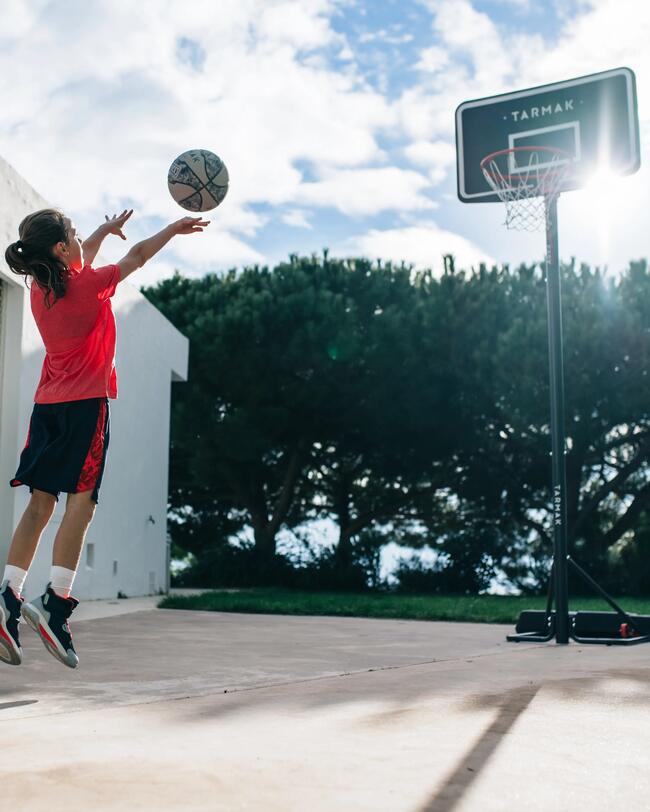 Schwarzes Basketballbrett mit weißem Rand, rotem Ring und Netz vor grauem Himmel.