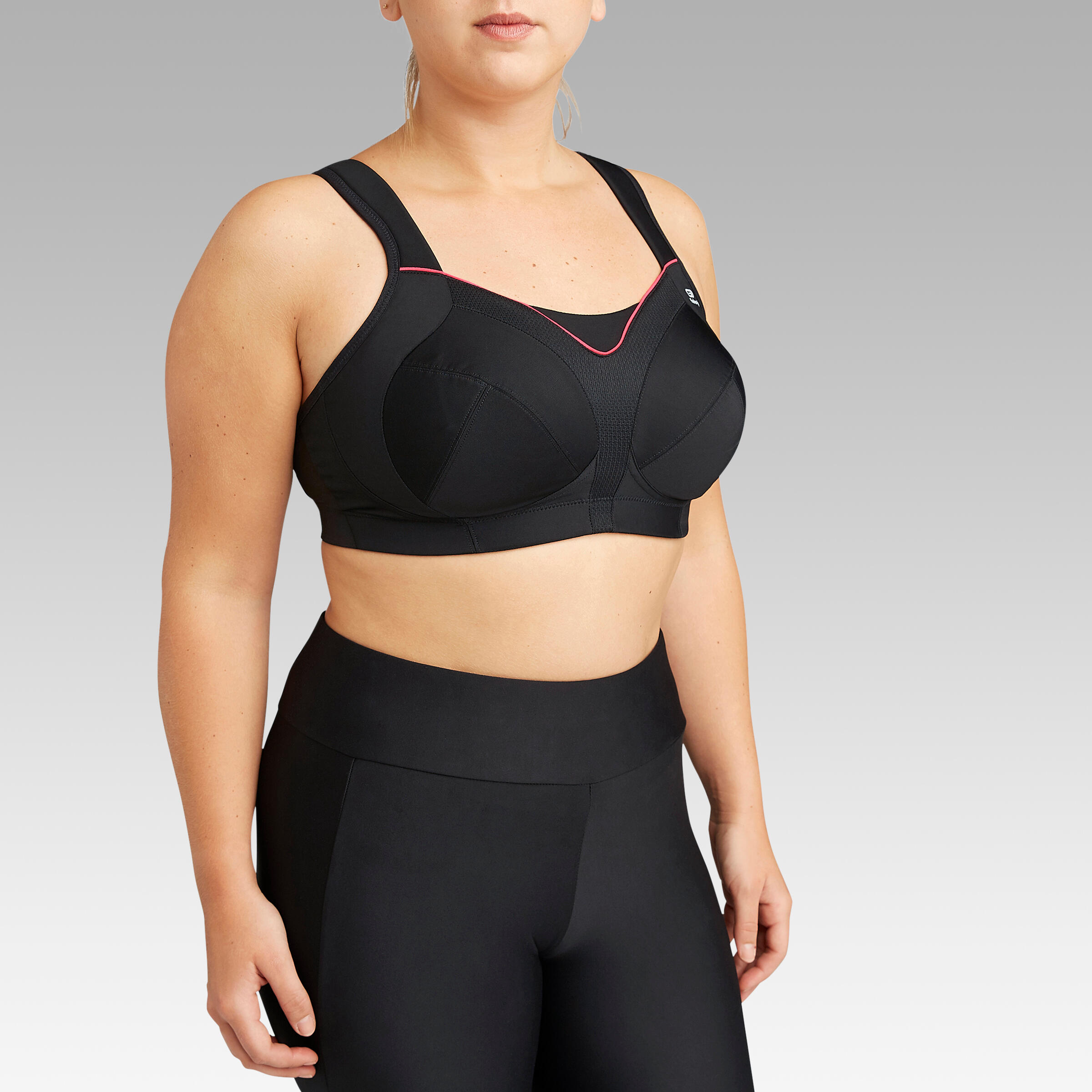 KALENJI 
RUNNING BRA
LARGE SIZE
BLACK WITH PINK CORAL DETAIL