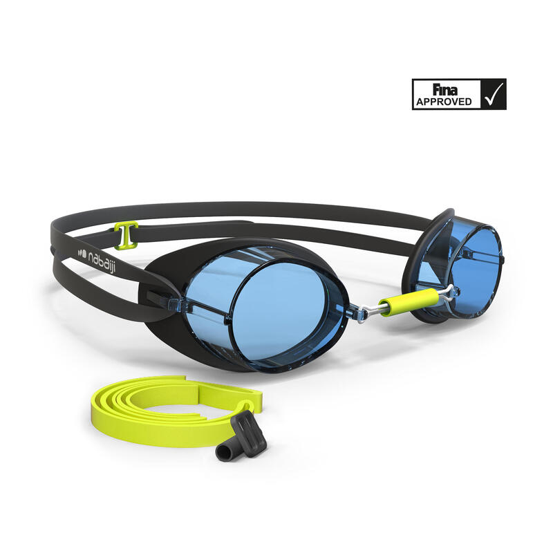 Svéd típusú úszószemüveg, világos lencsékkel, fekete, sárga 