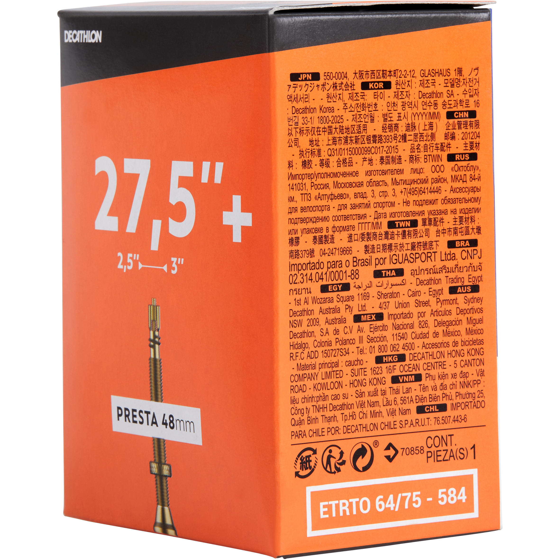 

27.5 x 2.50/3.00 48 mm Presta Valve Inner Tube -  By BTWIN | Decathlon