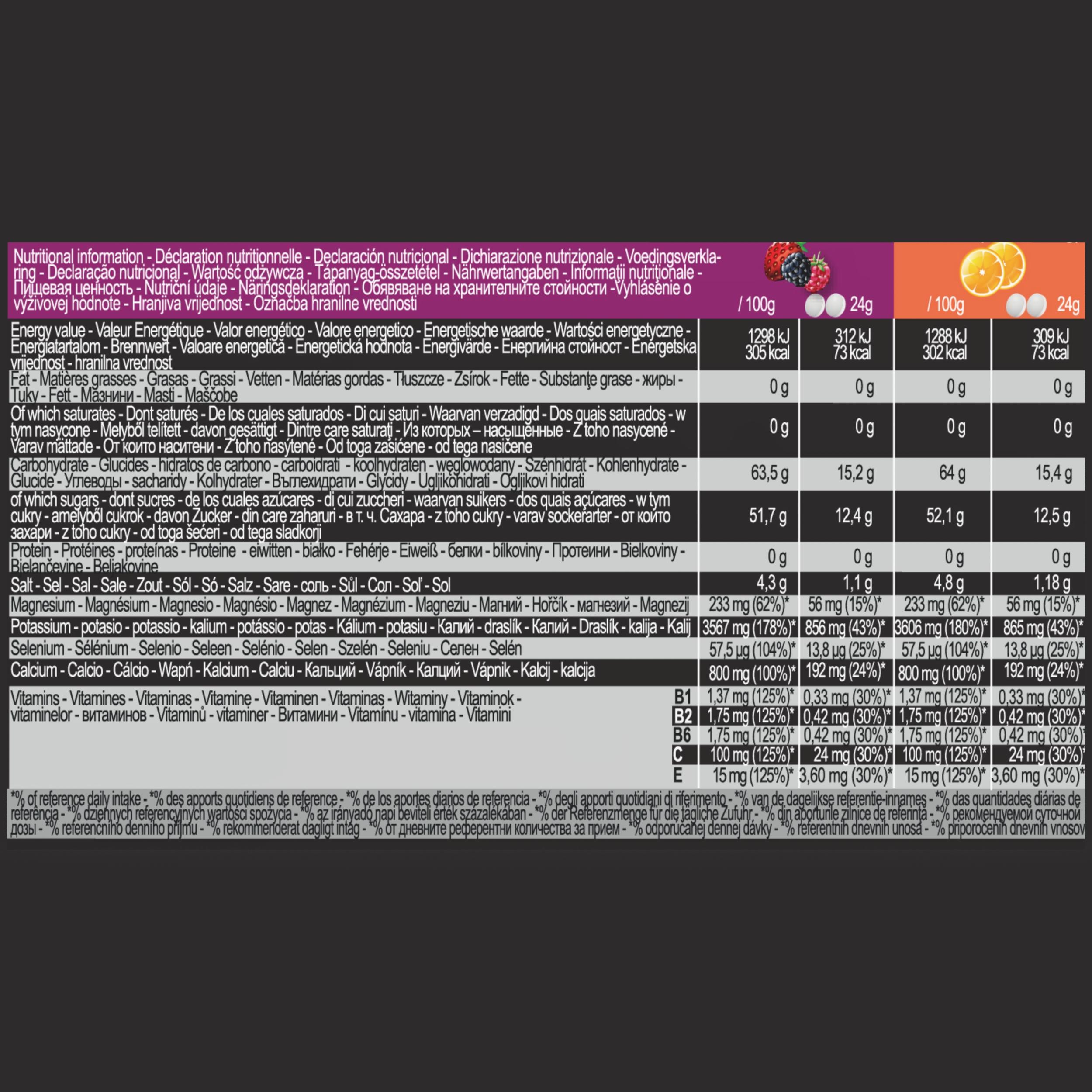 Effervescent Isotonic Drink Tablets - Orange (x10) and Mixed Berries (x5) 3/4