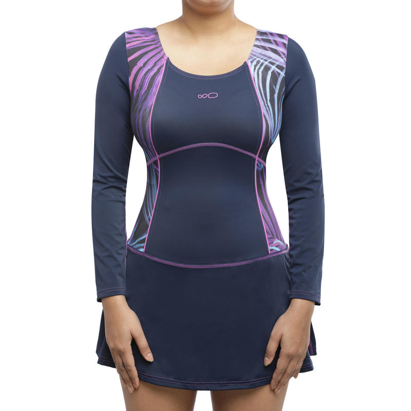 Women Swimming Costume Full sleeves with skirt purple with side print