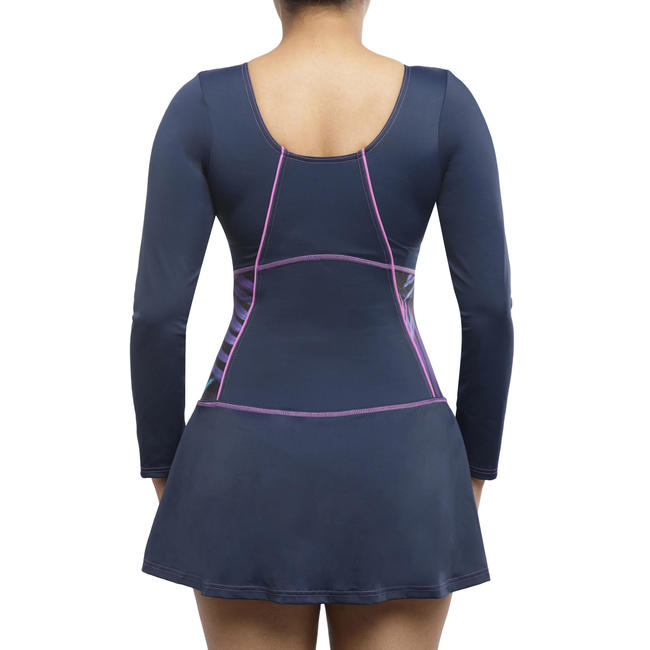 Women Swimming Costume Full sleeves with skirt purple with side print