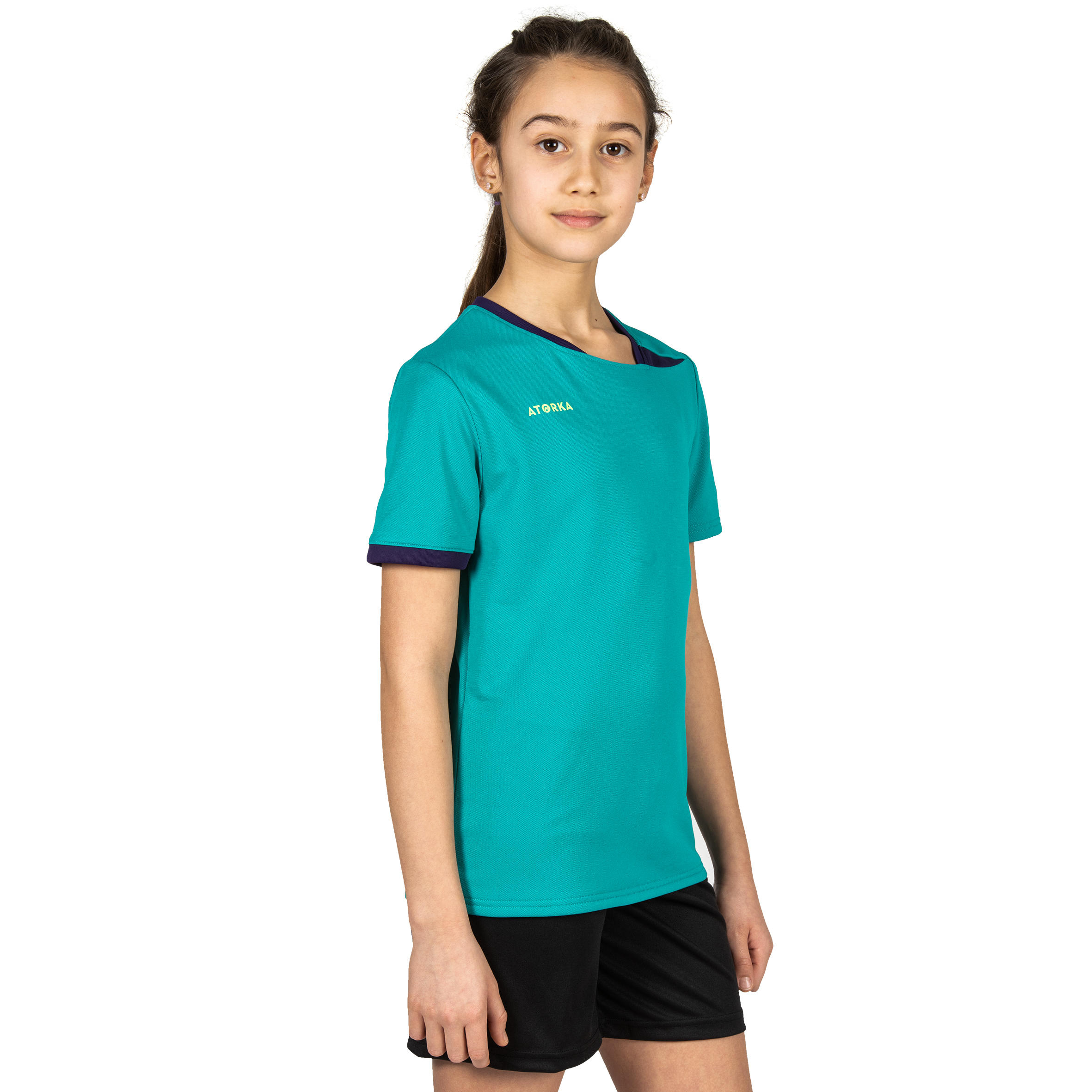 H100 Kids' Handball Jersey - Turquoise Blue/Purple 3/6