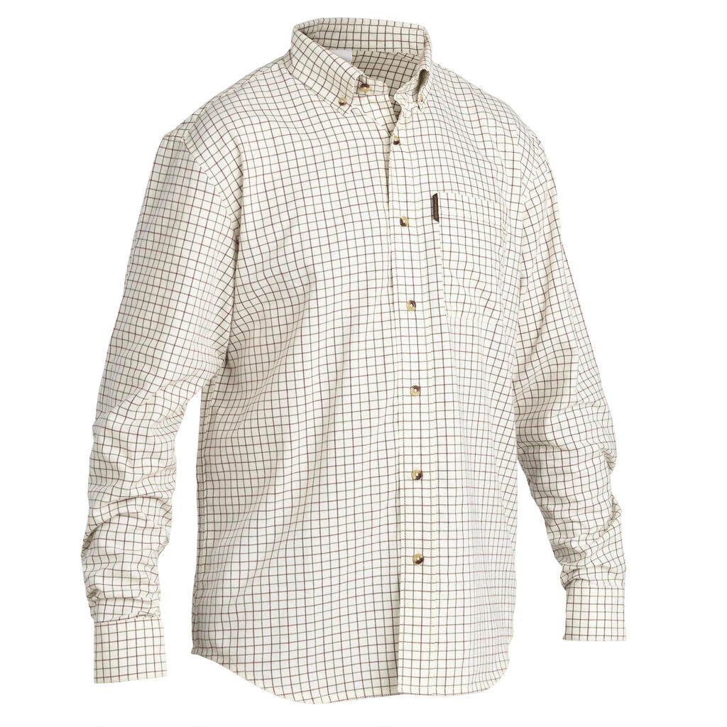 Men's Hunting Long-sleeved Breathable Cotton Shirt - 100 checked white.