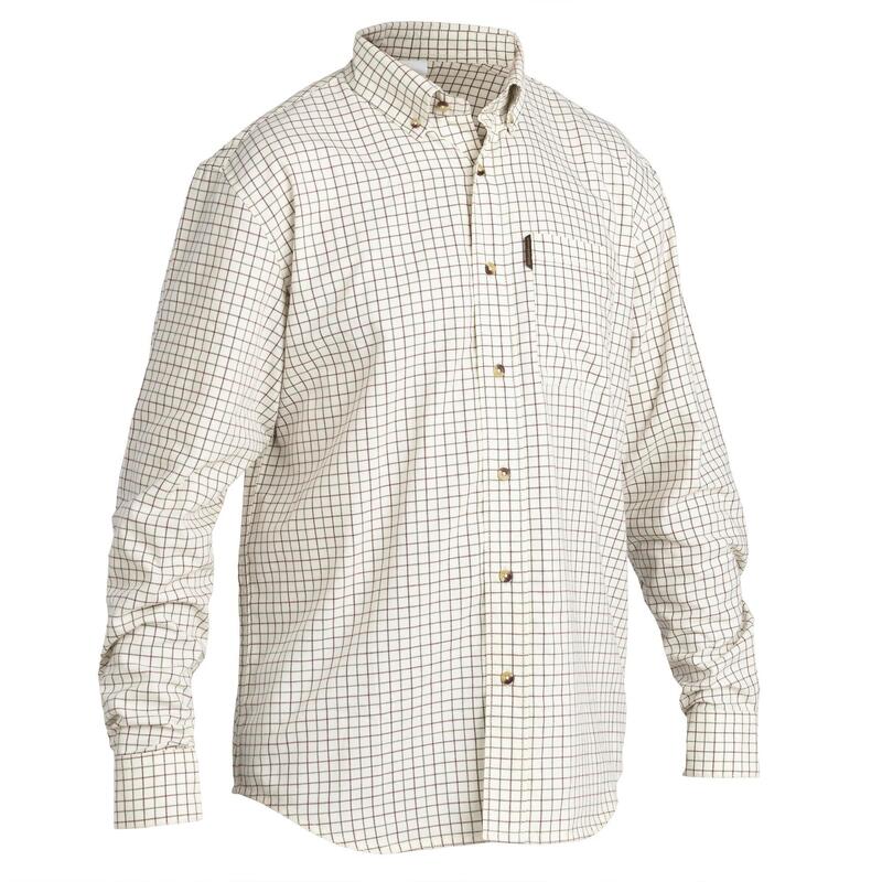 Chemise chasse coton manches longues respirant 100 à carreaux blanc.