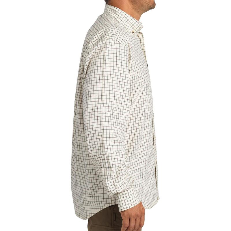 Ademend jachtoverhemd voor heren 100 met lange mouwen katoen geruit wit