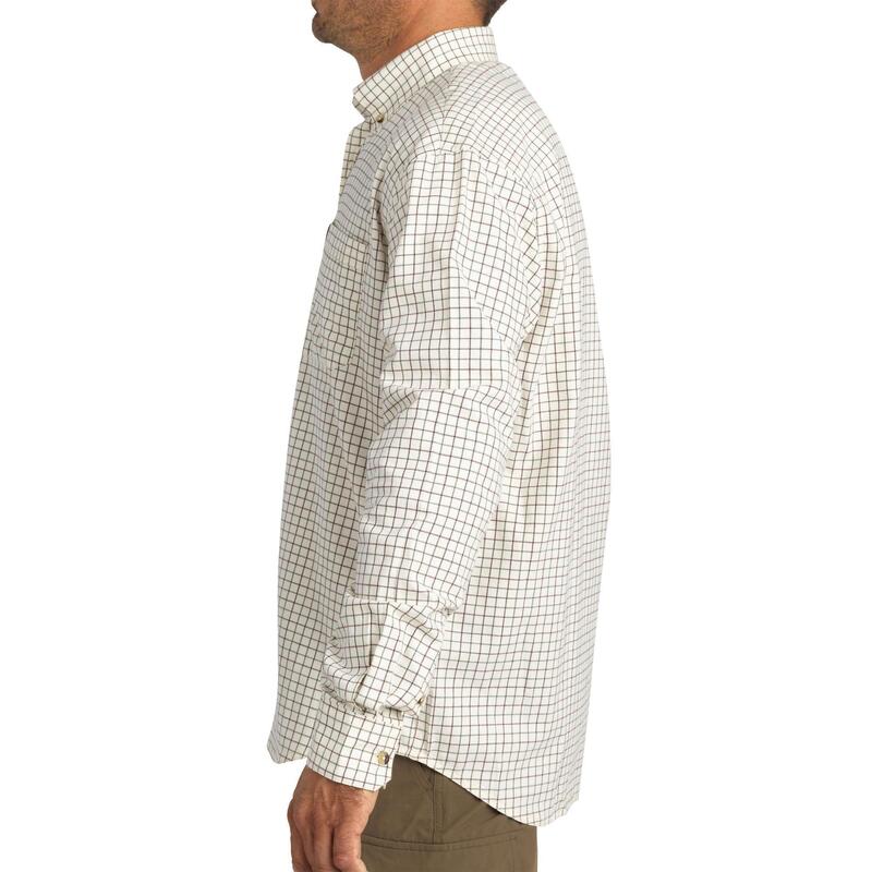 Ademend jachtoverhemd voor heren 100 met lange mouwen katoen geruit wit