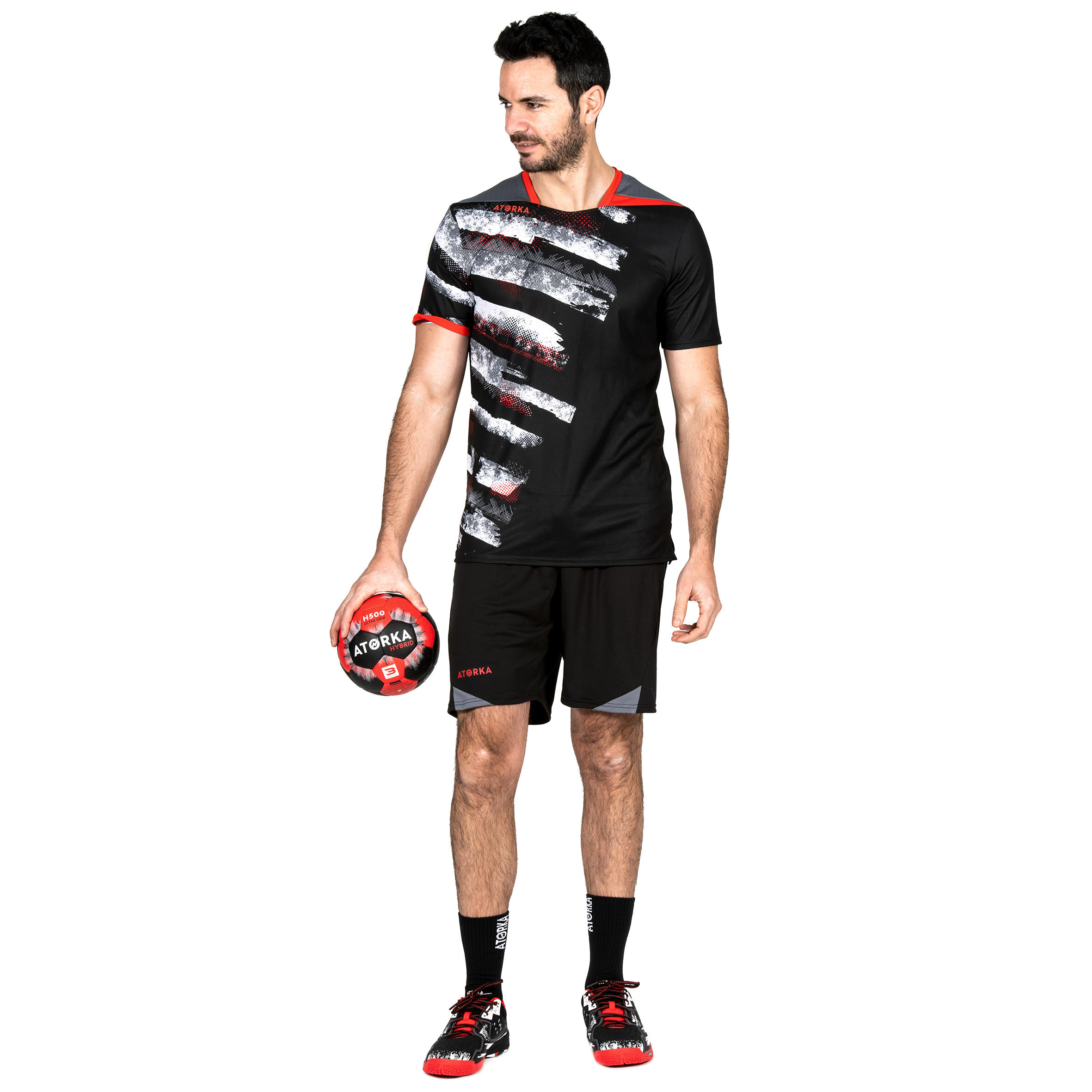 Samarreta dp'handbol home H500 negre / blanc / vermell  7/8