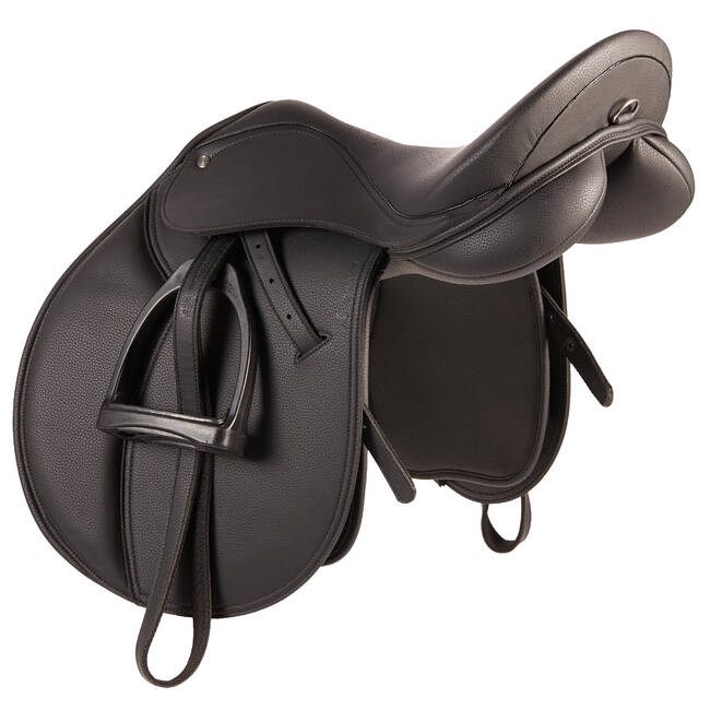 Univerzálne jazdecké sedlo 100 zo syntetiky pre kone s doplnkami 17
