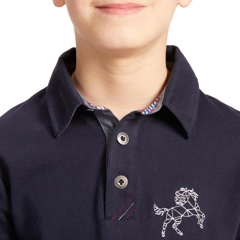 Poloshirt met lange mouwen voor ruitersport jongens 100 marineblauw