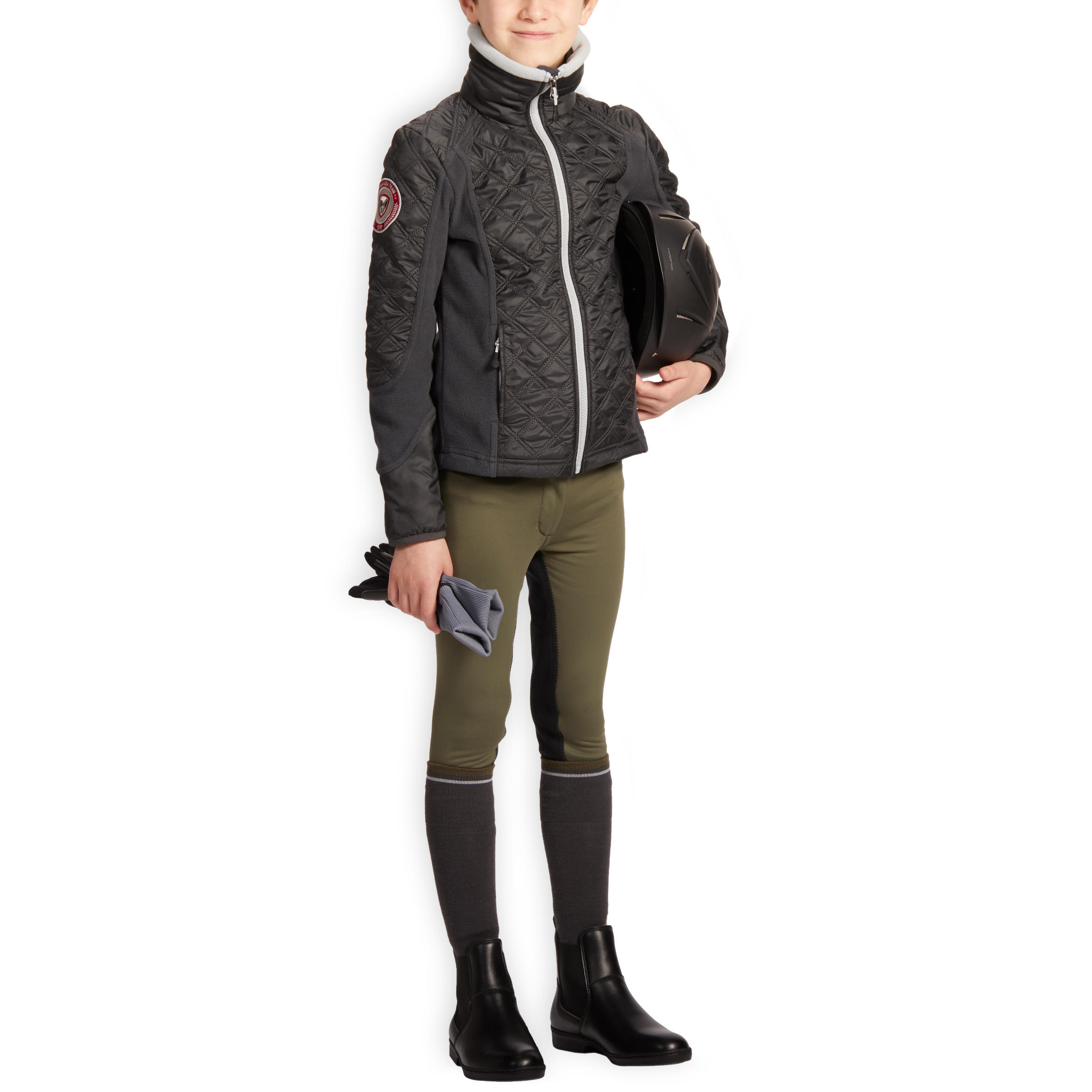 500 Warm Kids' Horse Riding Bi-Material Fleece - Grey 2/11
