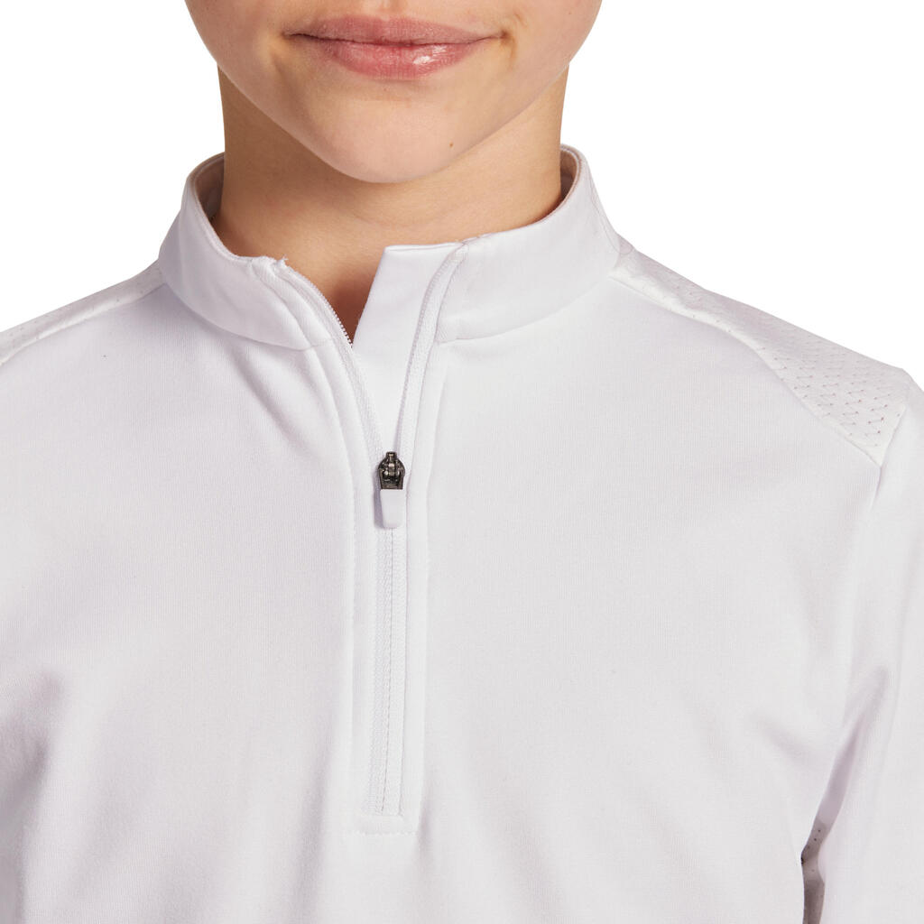 Reit-Poloshirt Langarm 500 Turnier warm Kinder weiß