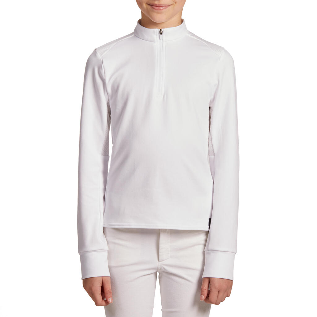 Kids' Horse Riding Long-Sleeved Warm Competition Polo 500 - White