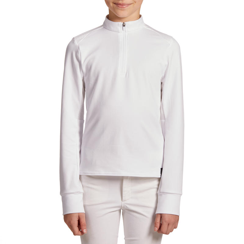 Kids' Horse Riding LongSleeved Warm Competition Polo 500 White