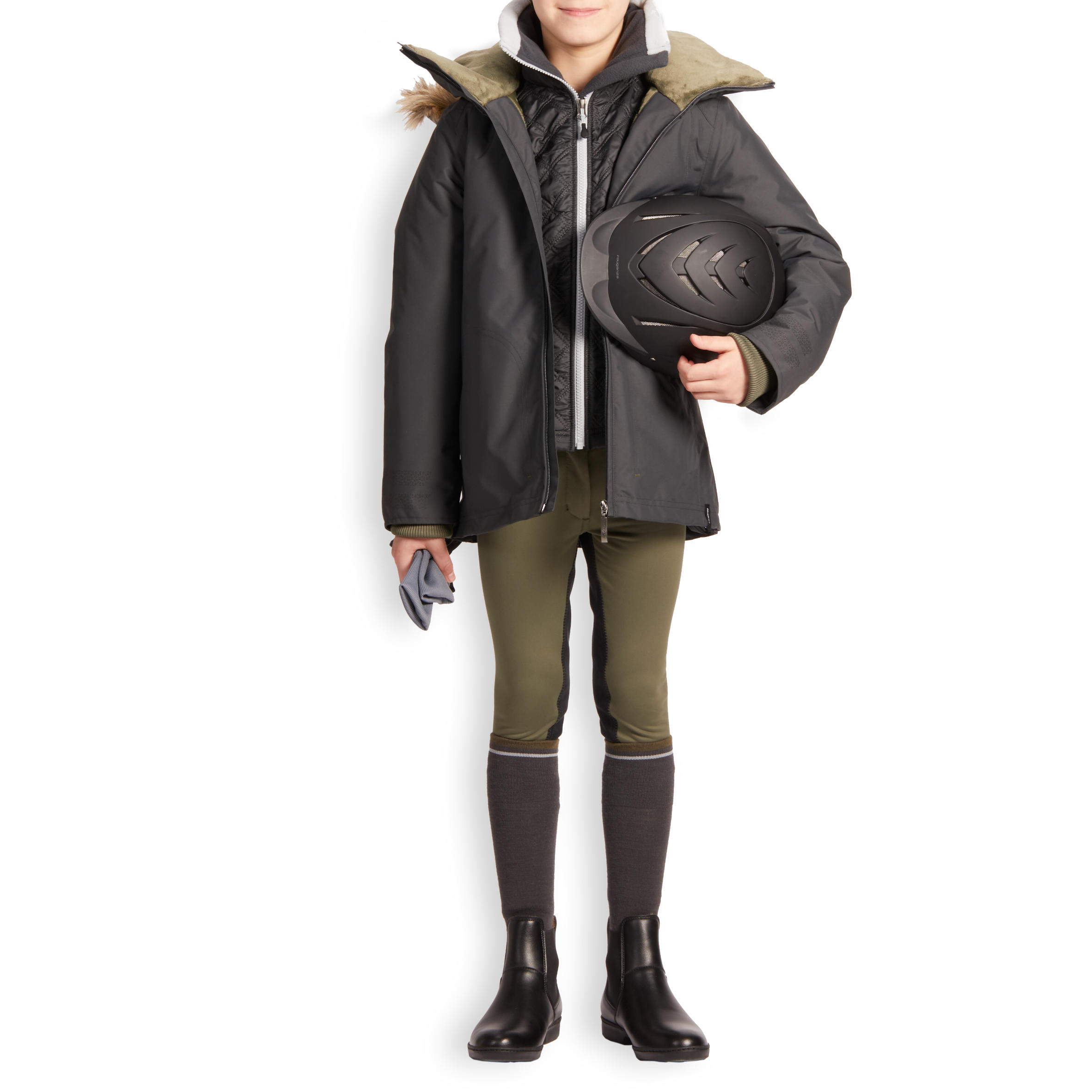 180 Warm Kids' Horse Riding Warm Full Seat Jodhpurs - Khaki 3/16
