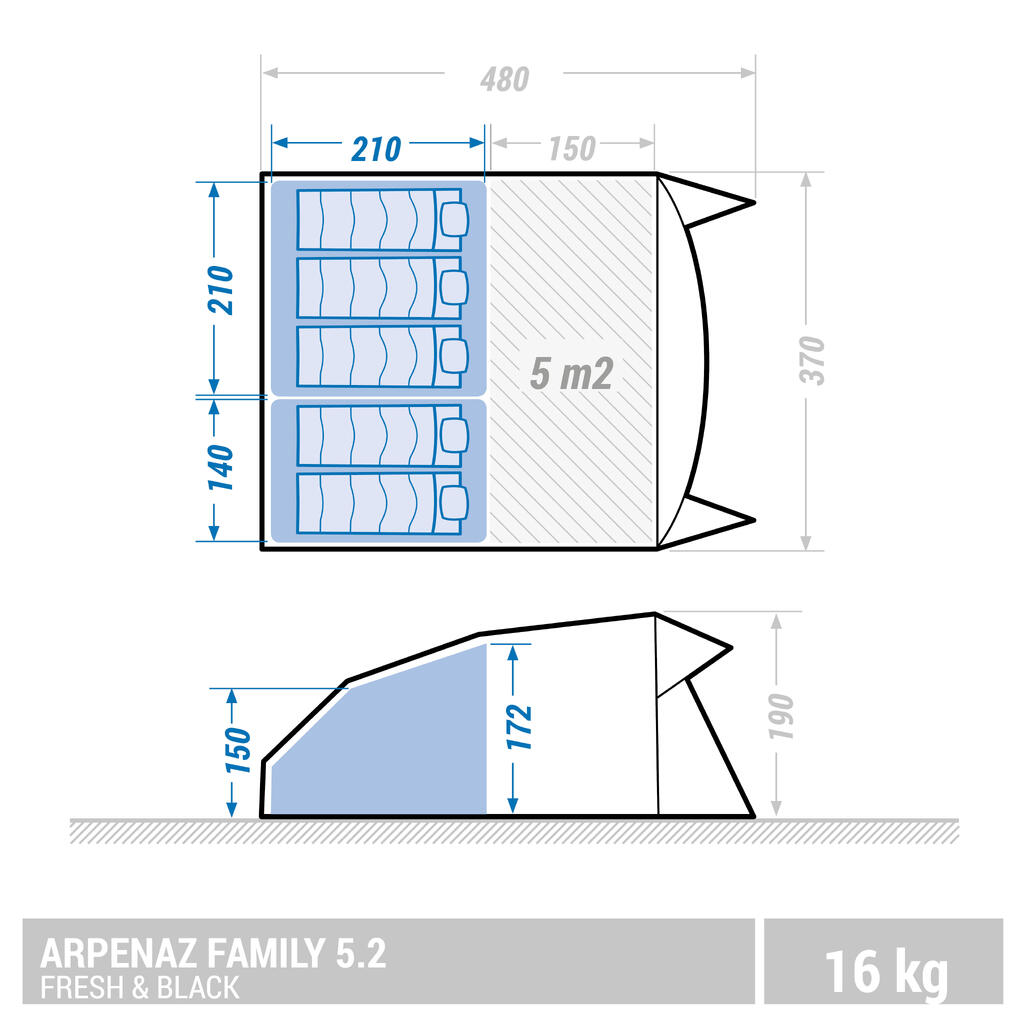 אוהל קמפינג משפחתי ל-5 אנשים, 2 חללי שינה, דגם ARPENAZ 5.2